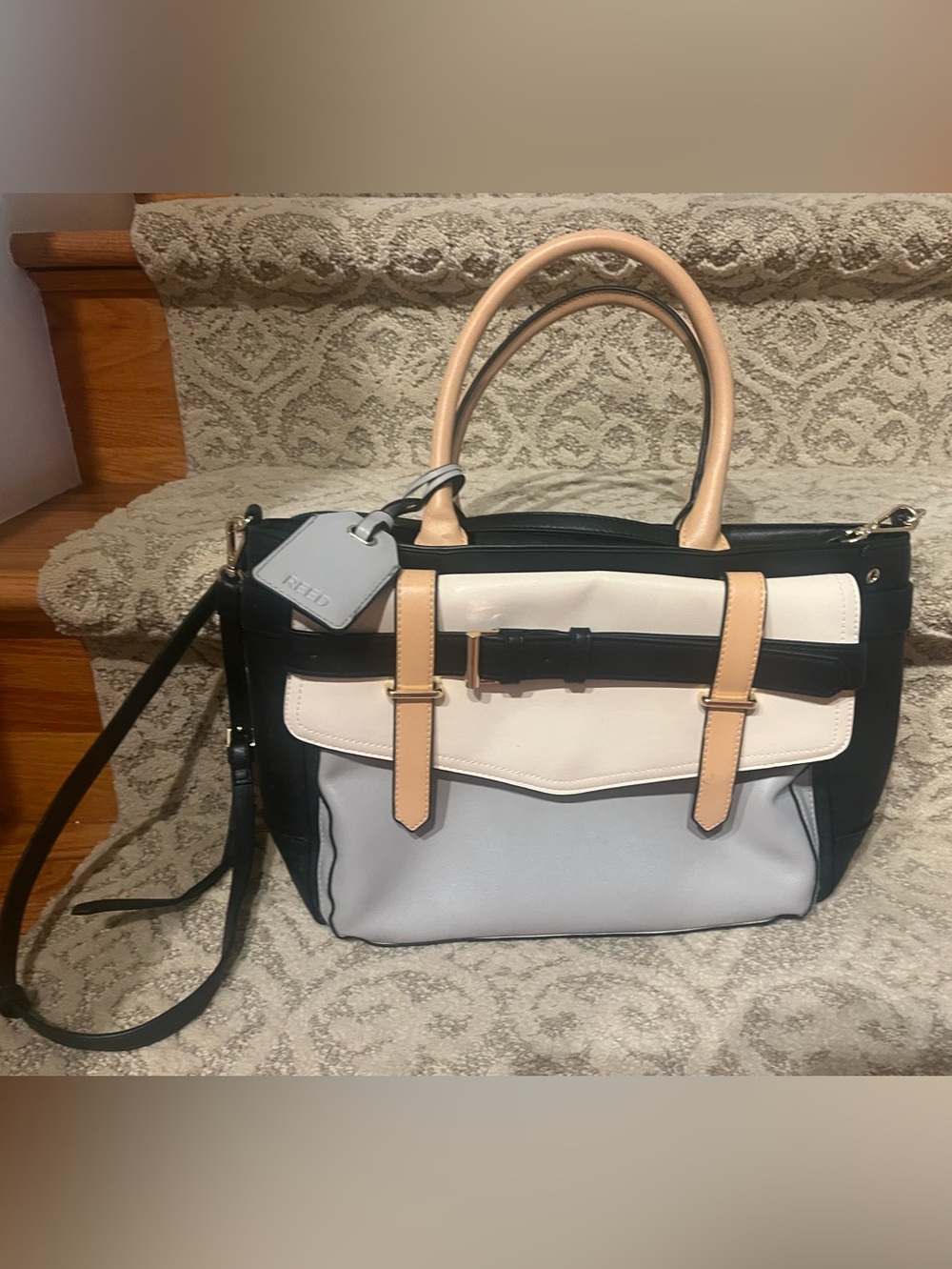 Reed Krakoff Colorblock Satchel in Cream, Black & Tan